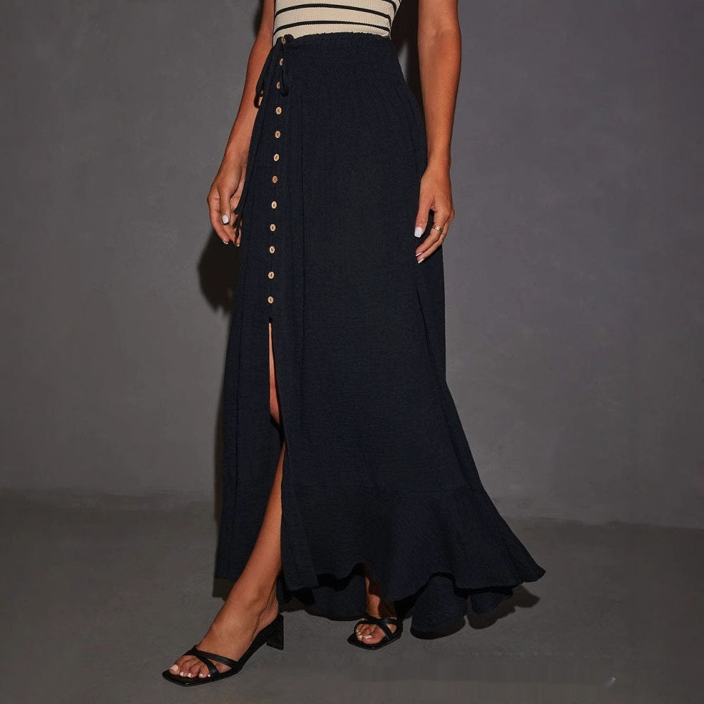 Women's Solid Color A-Line Maxi Skirt with Lace-Up Waist Detail