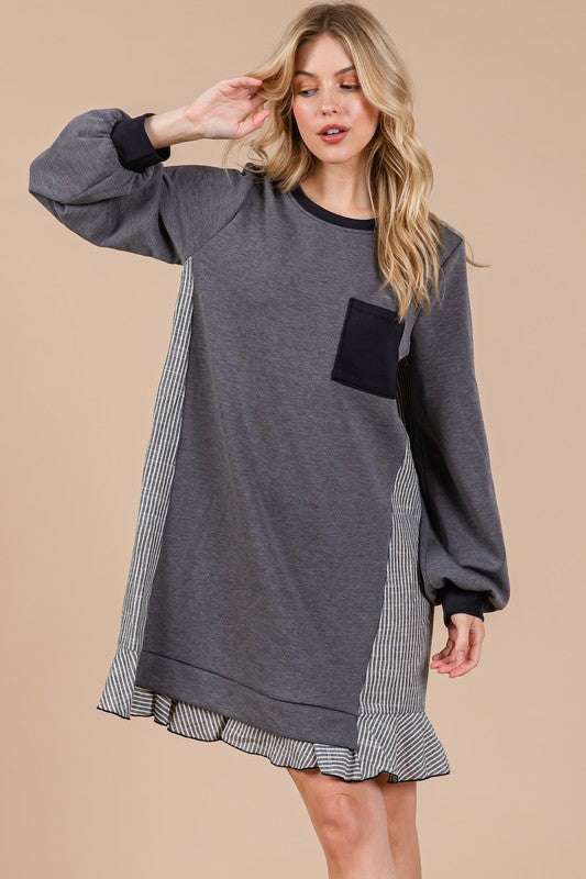Striped Patchwork Terry Sweatshirt Dress in Charcoal