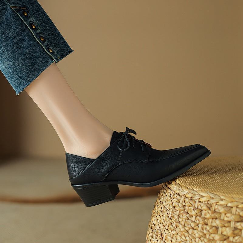Women's Black Pointed-Toe Chunky Block Heel Lace-Up Dress Shoes - Image 7