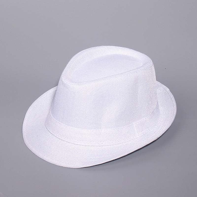 Retro wide brim fedora hat in white, blue, and grey; features a classic gentleman aesthetic for summer.