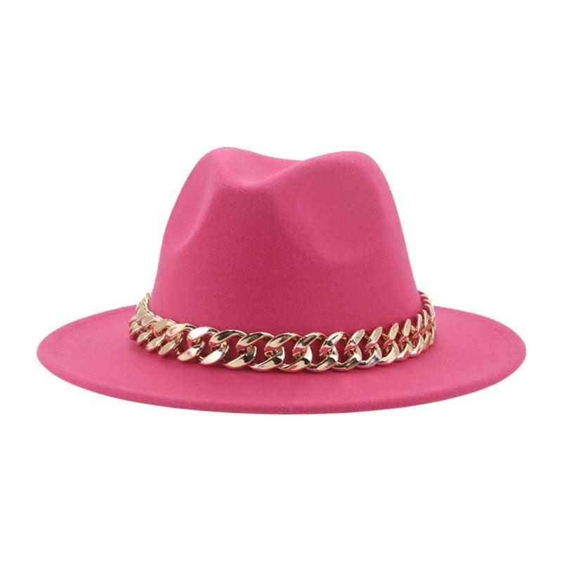 Luxury Wide Brim Fedora Hat with Gold Chain Detail