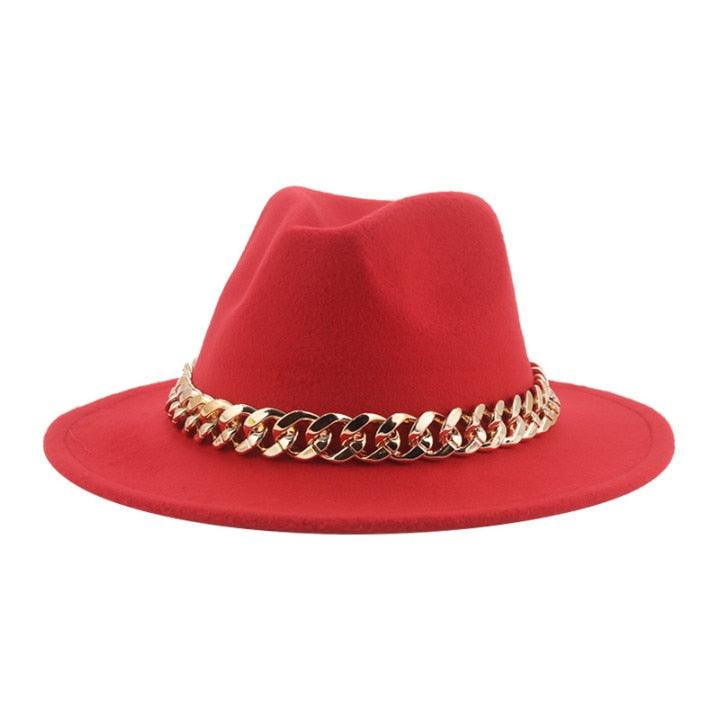 Luxury Wide Brim Fedora Hat with Gold Chain Detail