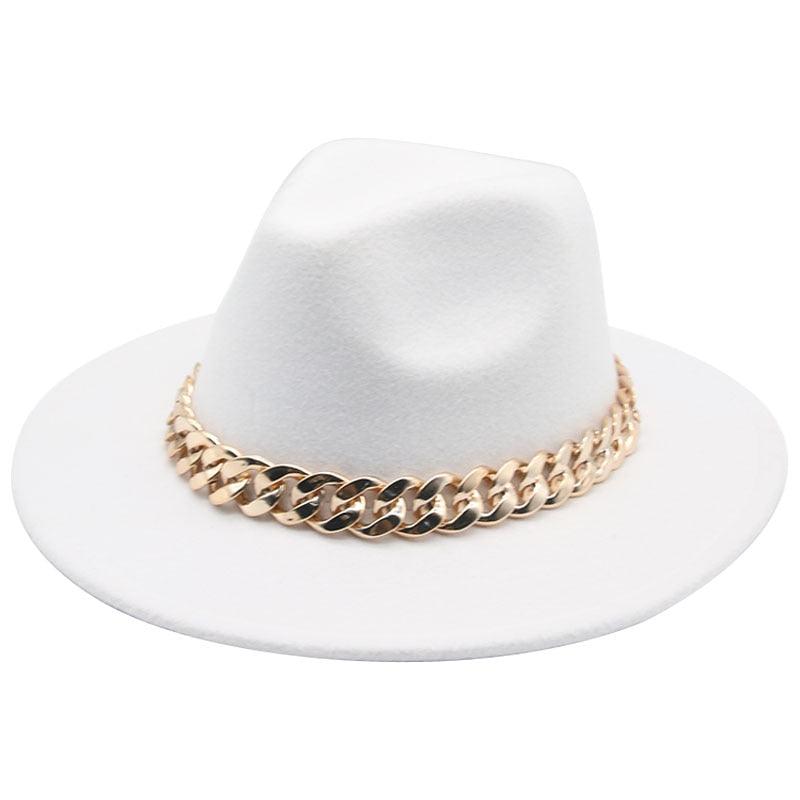 Luxury Wide Brim Fedora Hat with Gold Chain Detail