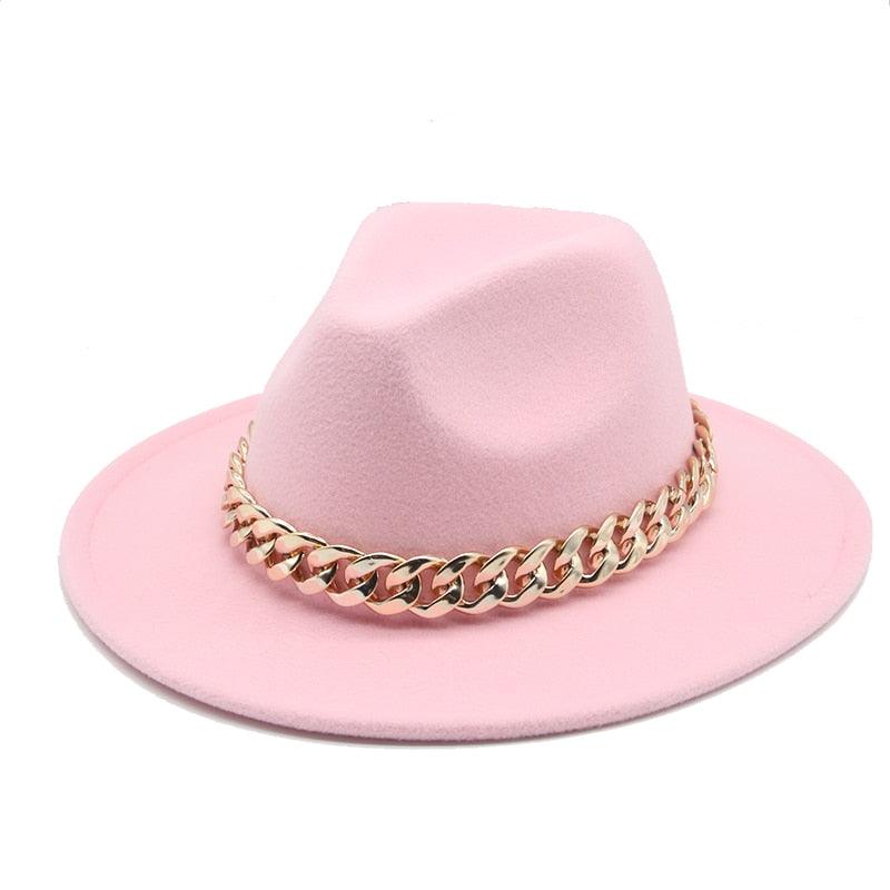 Luxury Wide Brim Fedora Hat with Gold Chain Detail