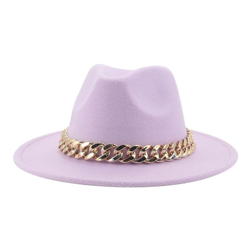 Luxury Wide Brim Fedora Hat with Gold Chain Detail
