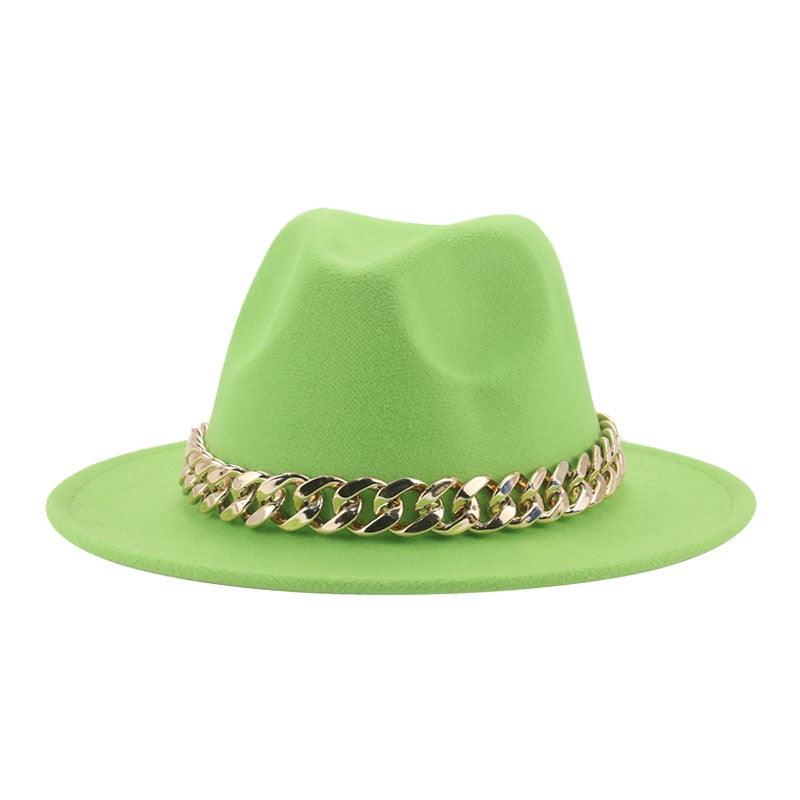 Luxury Wide Brim Fedora Hat with Gold Chain Detail