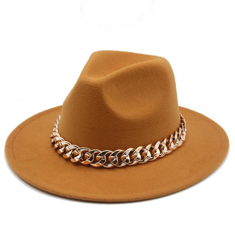 Luxury Wide Brim Fedora Hat with Gold Chain Detail
