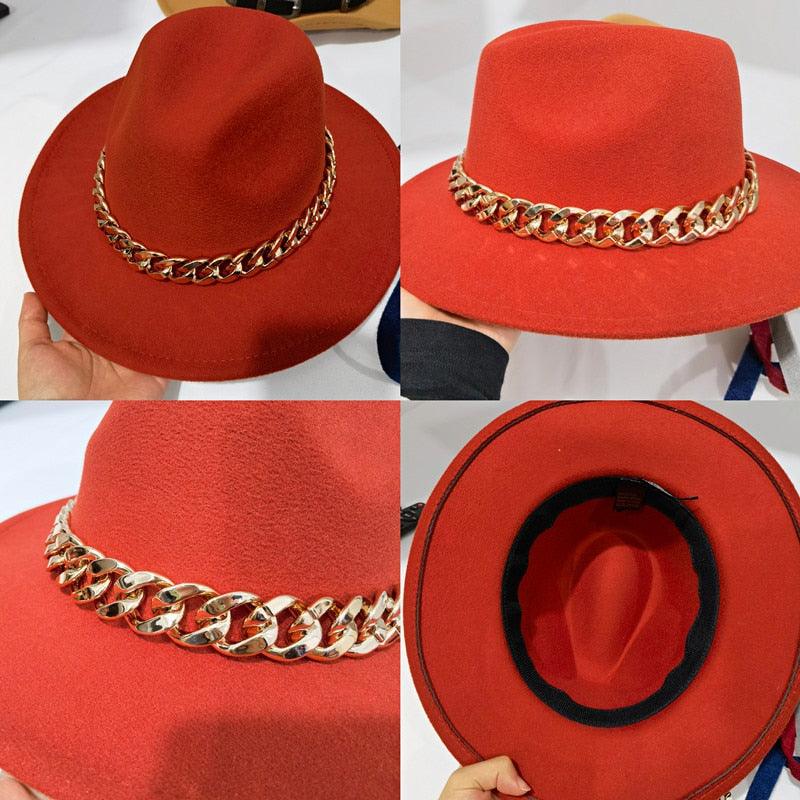 Luxury Wide Brim Fedora Hat with Gold Chain Detail