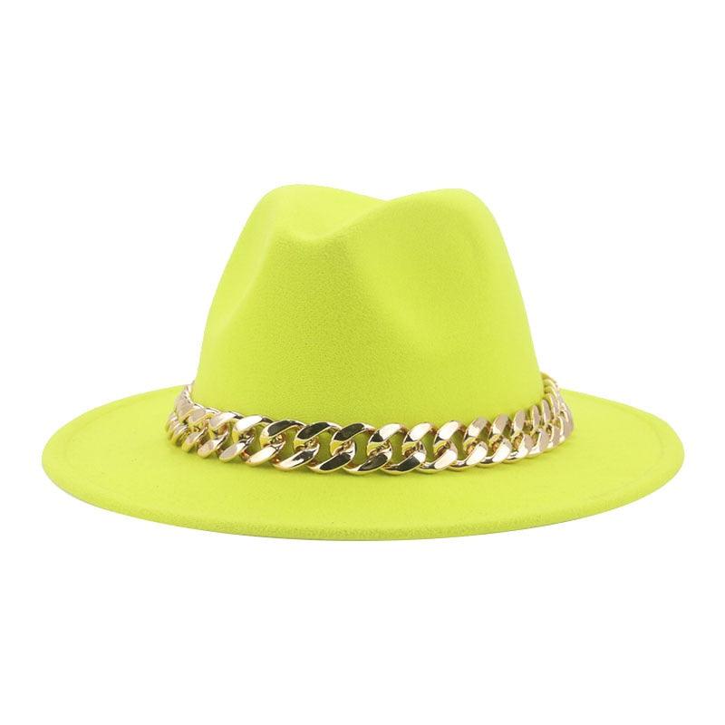 Luxury Wide Brim Fedora Hat with Gold Chain Detail