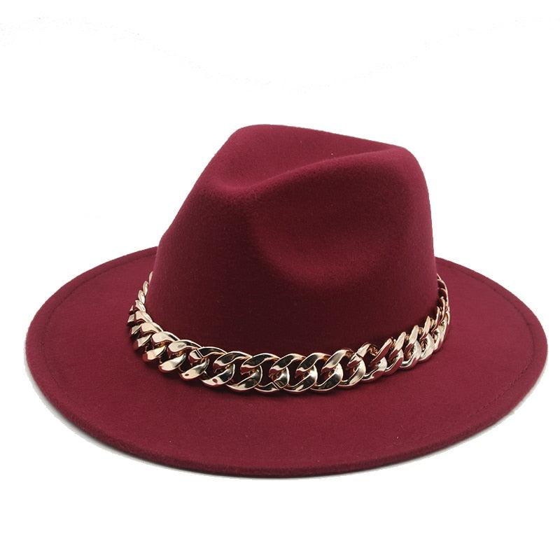 Luxury Wide Brim Fedora Hat with Gold Chain Detail
