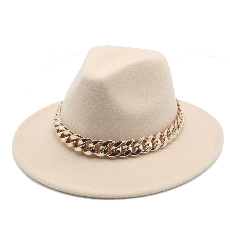 Luxury wide brim fedora with metallic gold chain buckle