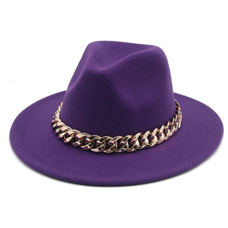 Luxury Wide Brim Fedora Hat with Gold Chain Detail