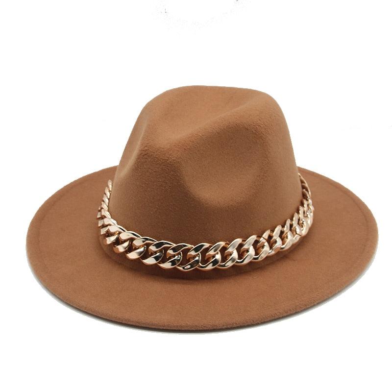 Luxury Wide Brim Fedora Hat with Gold Chain Detail