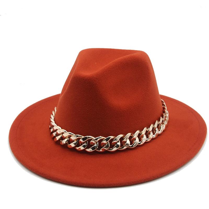 Luxury Wide Brim Fedora Hat with Gold Chain Detail