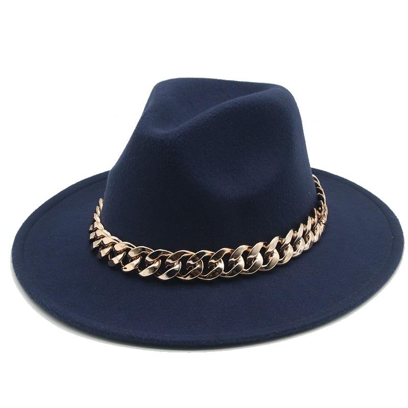 Luxury Wide Brim Fedora Hat with Gold Chain Detail