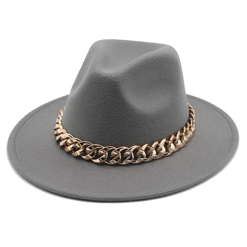 Luxury Wide Brim Fedora Hat with Gold Chain Detail