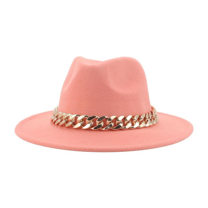 Luxury Wide Brim Fedora Hat with Gold Chain Detail