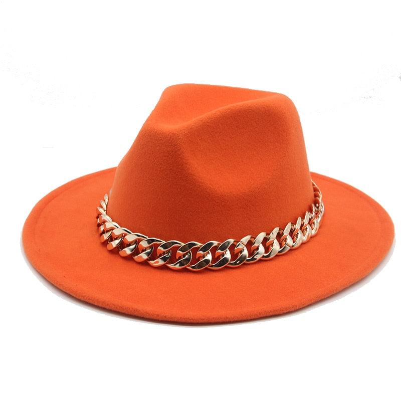 Luxury Wide Brim Fedora Hat with Gold Chain Detail