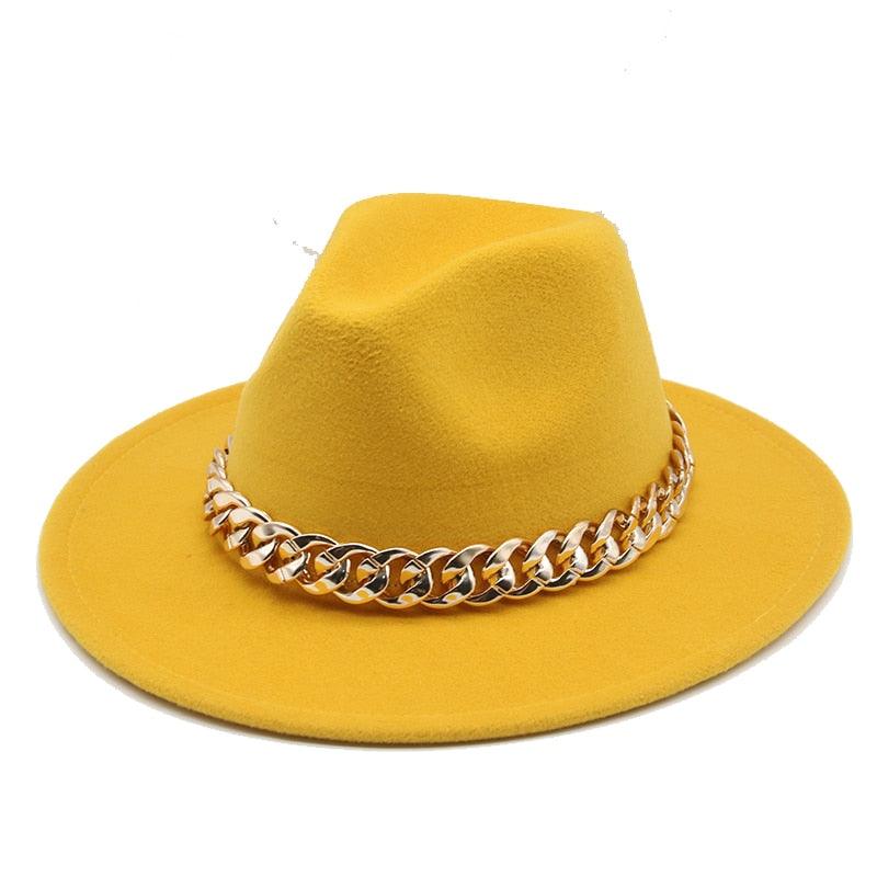 Luxury Wide Brim Fedora Hat with Gold Chain Detail