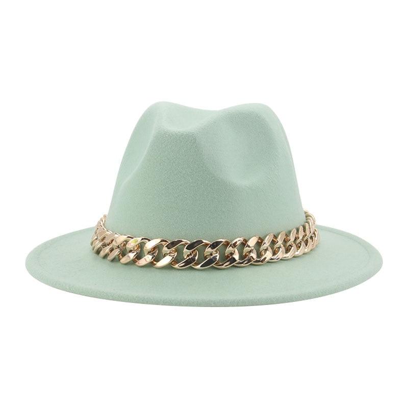 Luxury Wide Brim Fedora Hat with Gold Chain Detail
