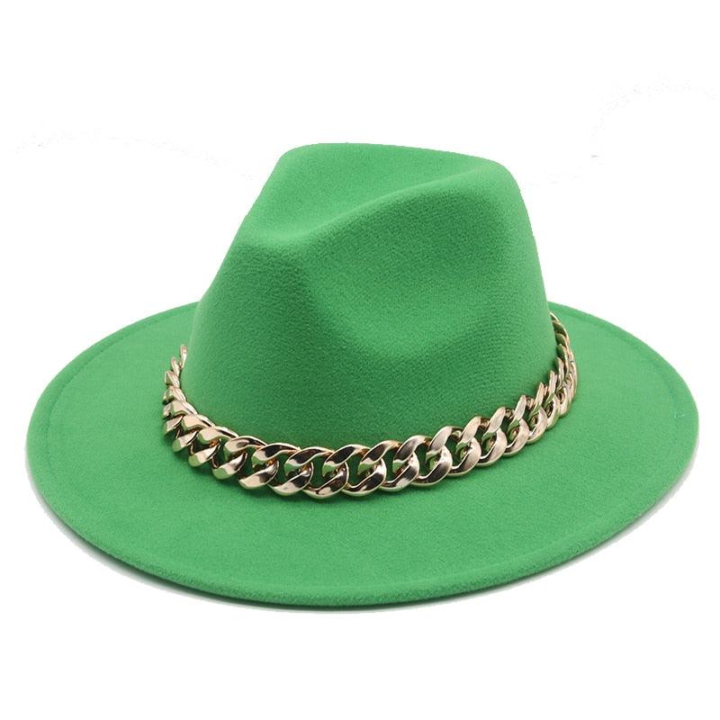 Luxury Wide Brim Fedora Hat with Gold Chain Detail