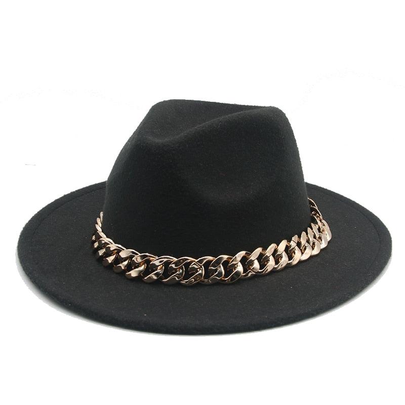 Luxury Wide Brim Fedora Hat with Gold Chain Detail