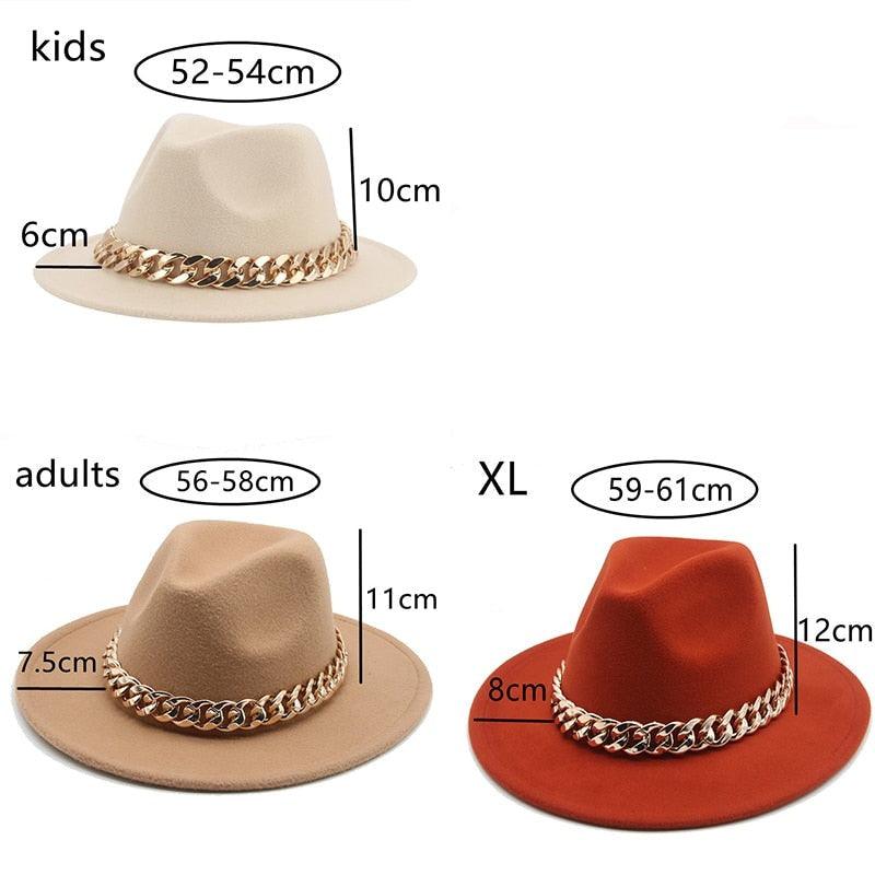 Luxury Wide Brim Fedora Hat with Gold Chain Detail