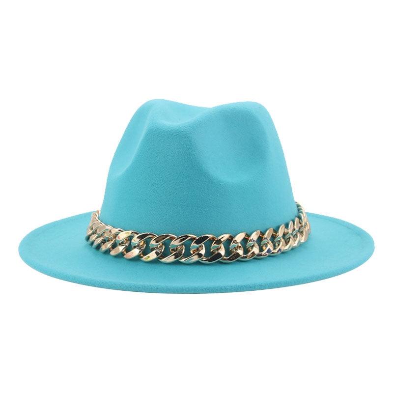 Luxury Wide Brim Fedora Hat with Gold Chain Detail