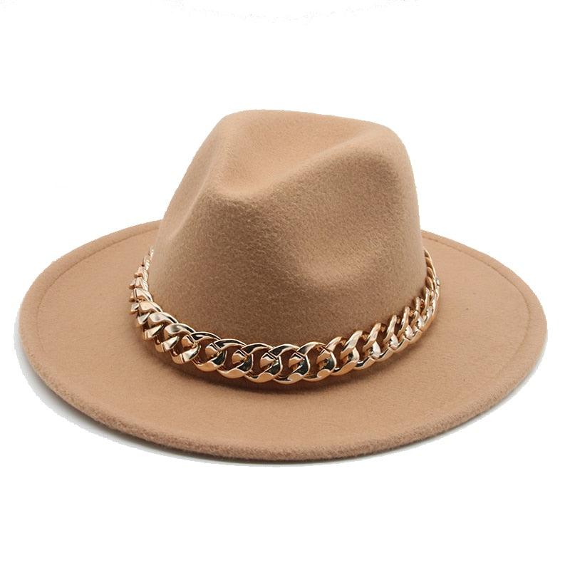 Luxury Wide Brim Fedora Hat with Gold Chain Detail