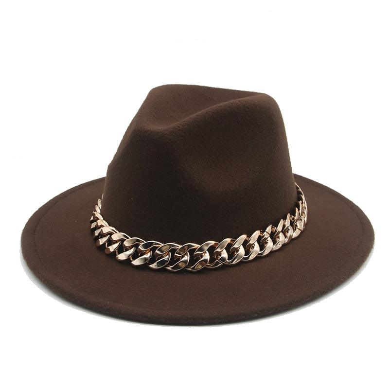 Luxury Wide Brim Fedora Hat with Gold Chain Detail