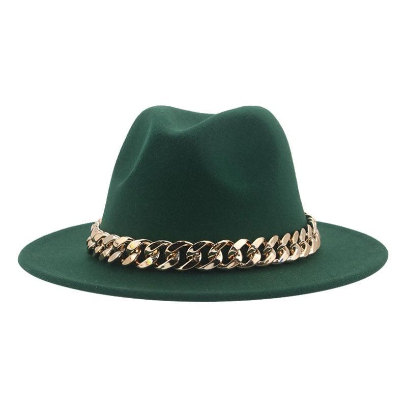 Luxury Wide Brim Fedora Hat with Gold Chain Detail