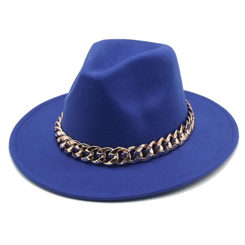 Luxury Wide Brim Fedora Hat with Gold Chain Detail
