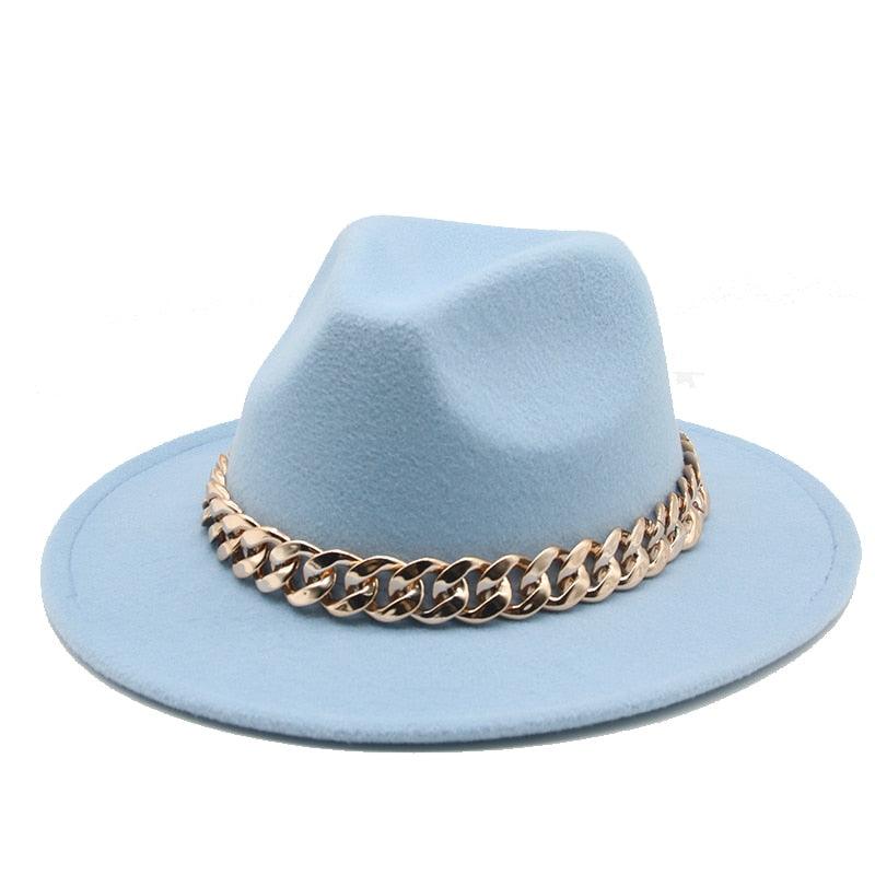 Luxury Wide Brim Fedora Hat with Gold Chain Detail