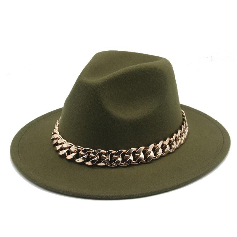 Luxury Wide Brim Fedora Hat with Gold Chain Detail
