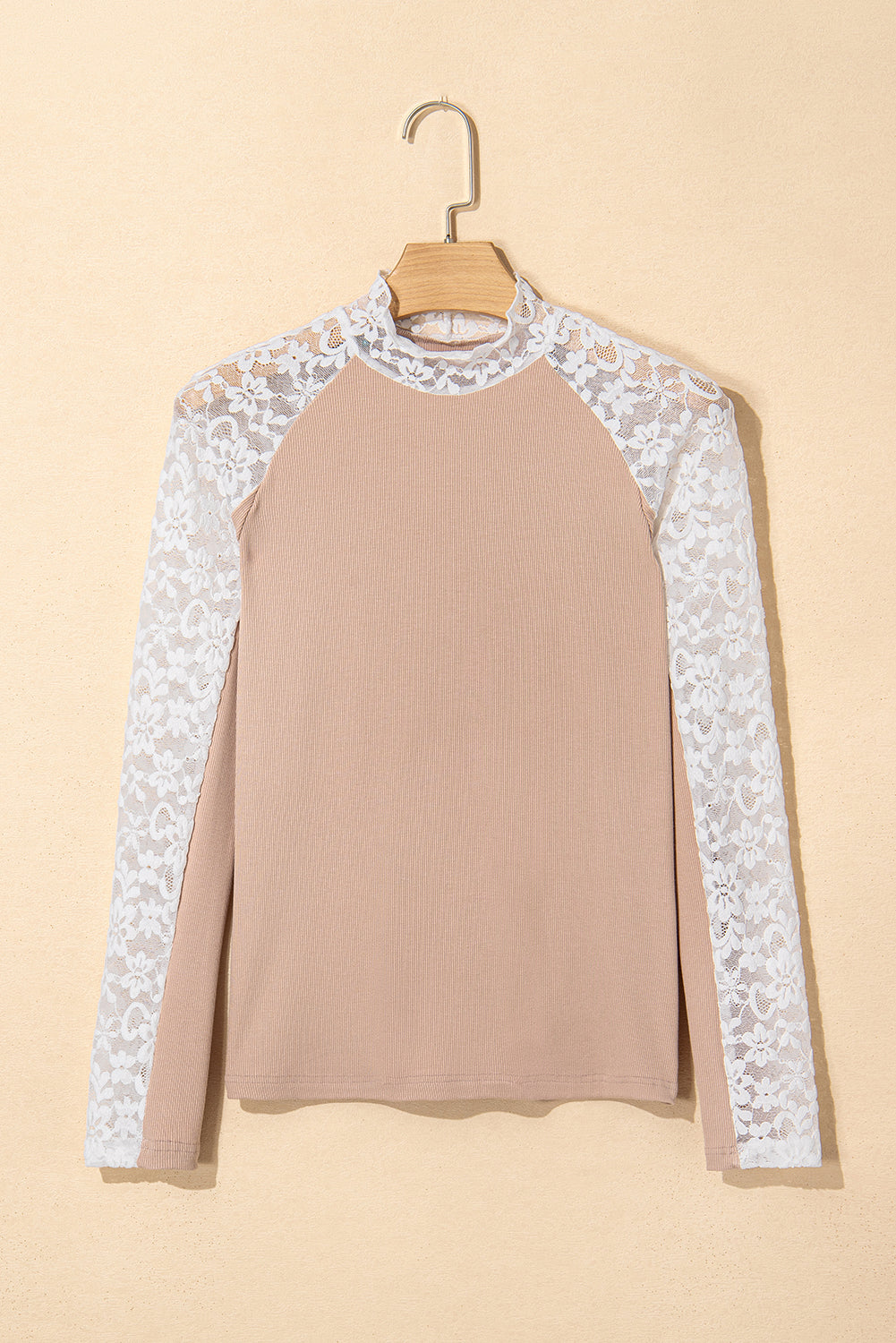 Smoke Gray Floral Lace Patchwork Long Sleeve High Neck Top