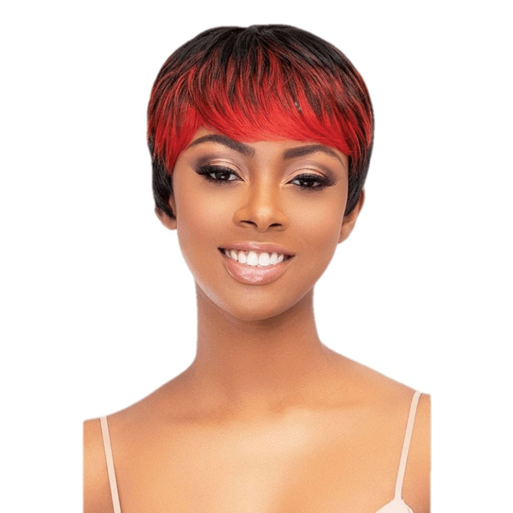 Femi Collection Alana Sepia short synthetic wig with side bangs and vibrant highlights