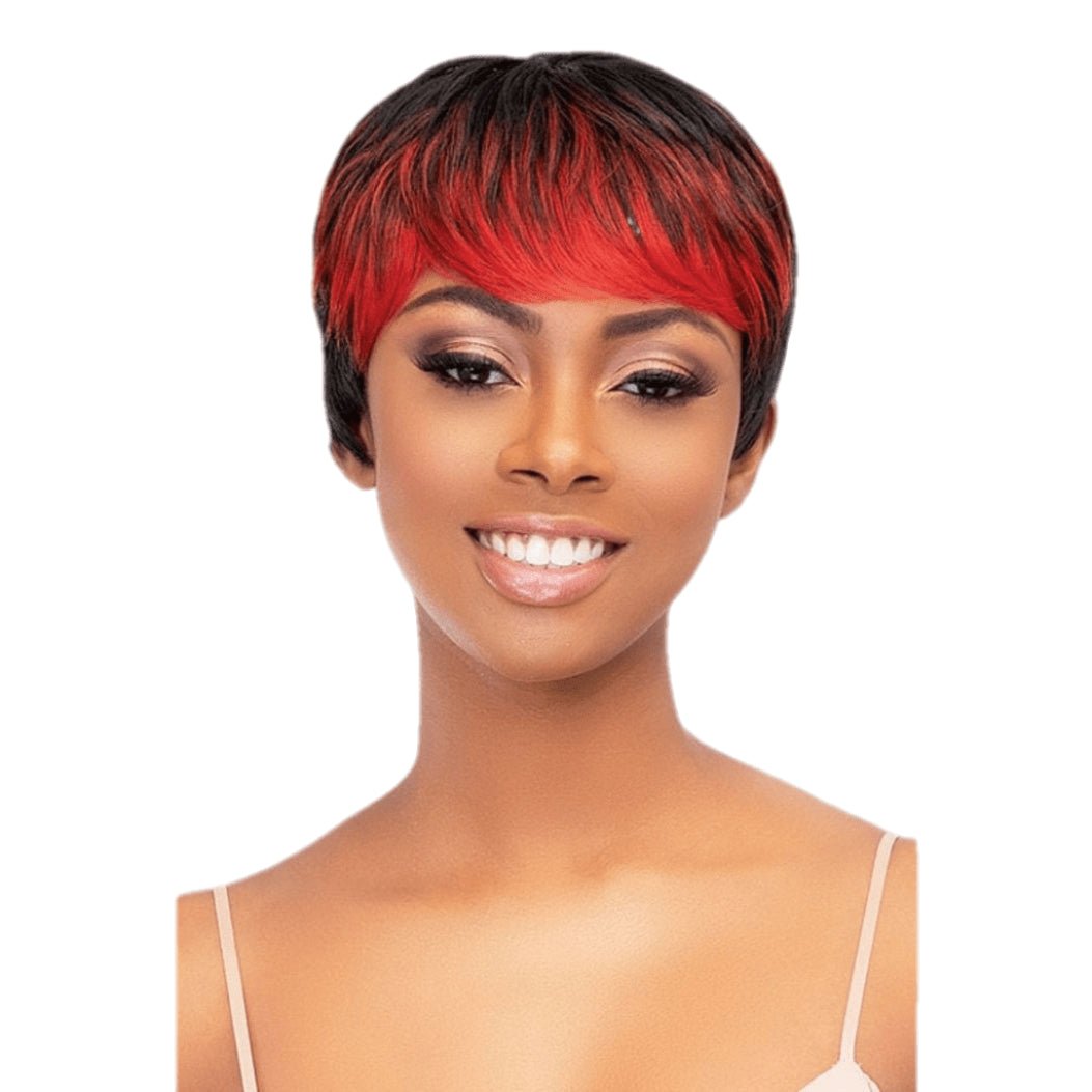 Femi Collection Alana Sepia short synthetic wig with side bangs and vibrant highlights