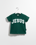 Kids wearing a minimalist Jesus varsity graphic tee in black cotton