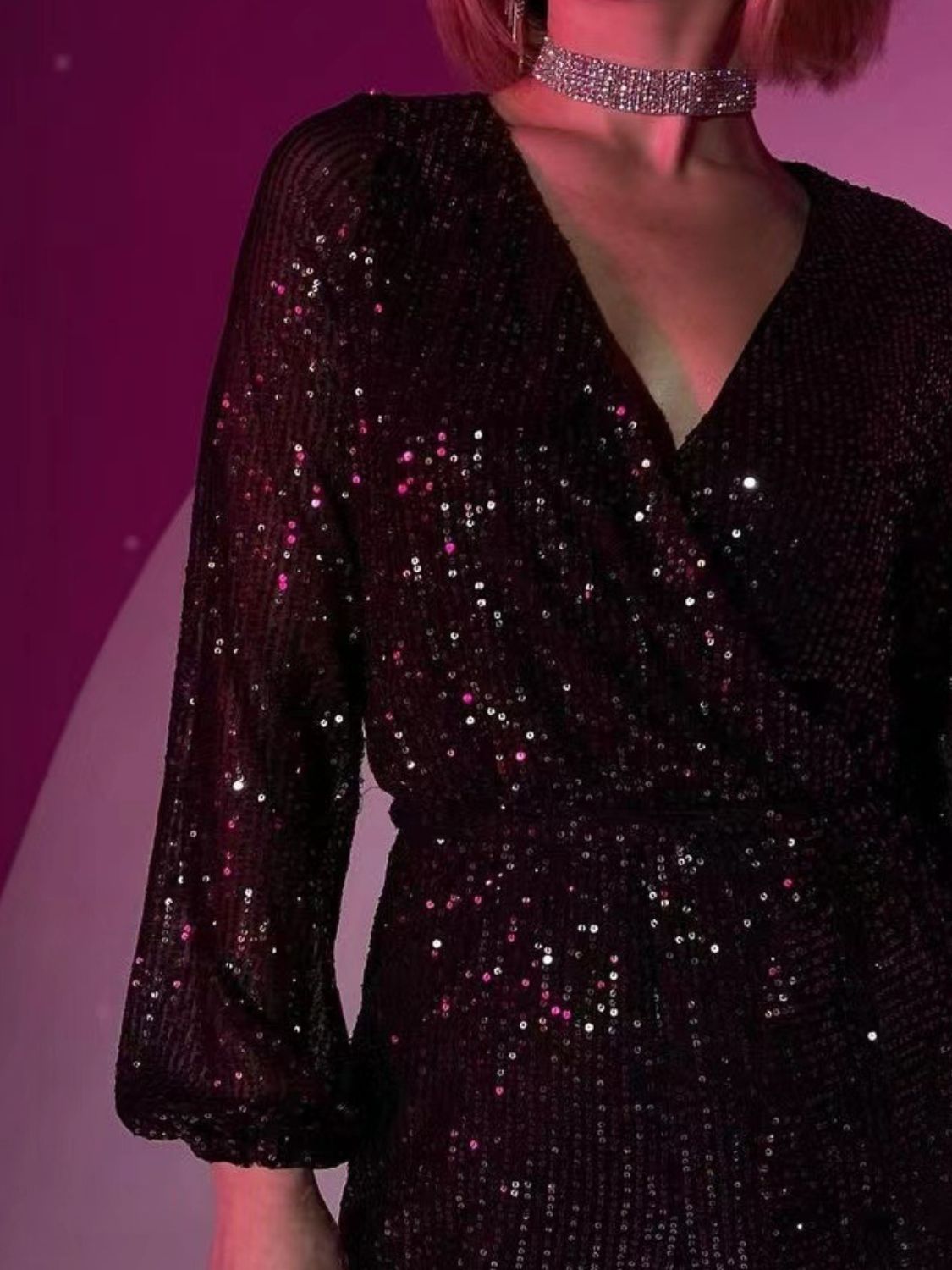 Sequin Surplice Tie Waist Long Sleeve Mini Romper