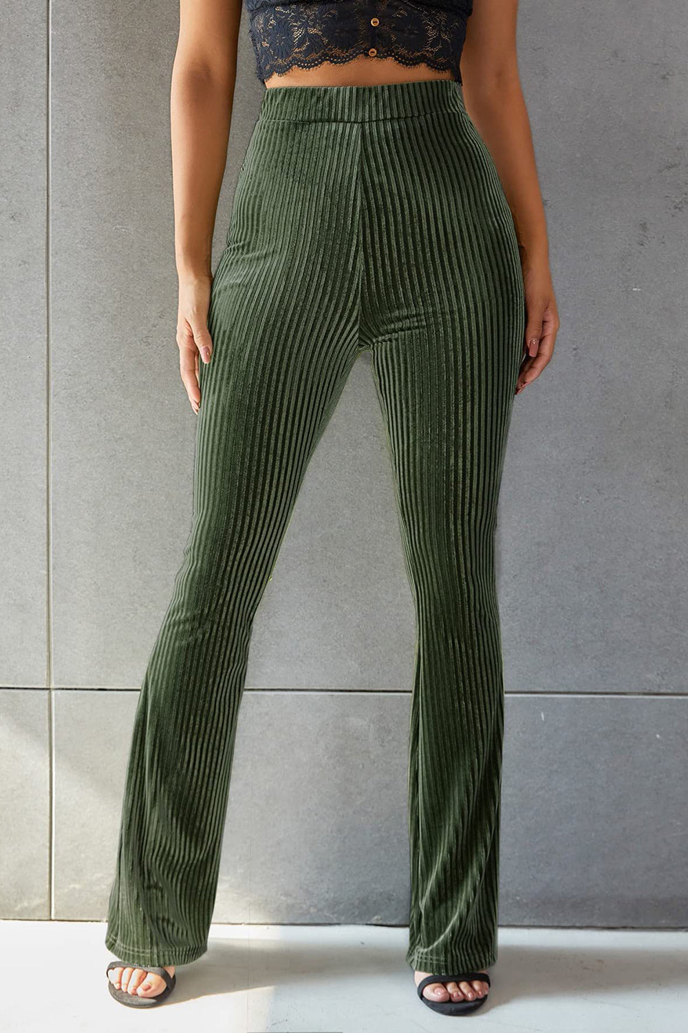 Ribbed High Waist Flare Pants in Grey Velvet