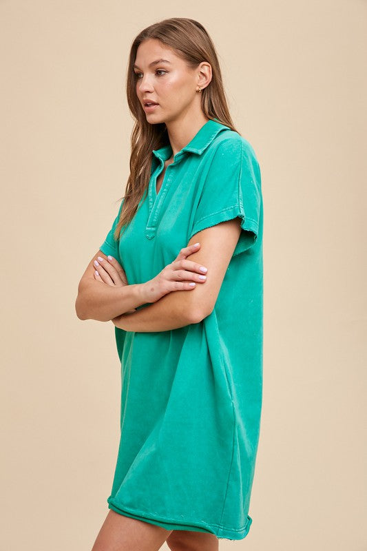 Turquoise Mineral Wash Short Sleeve Casual Dress