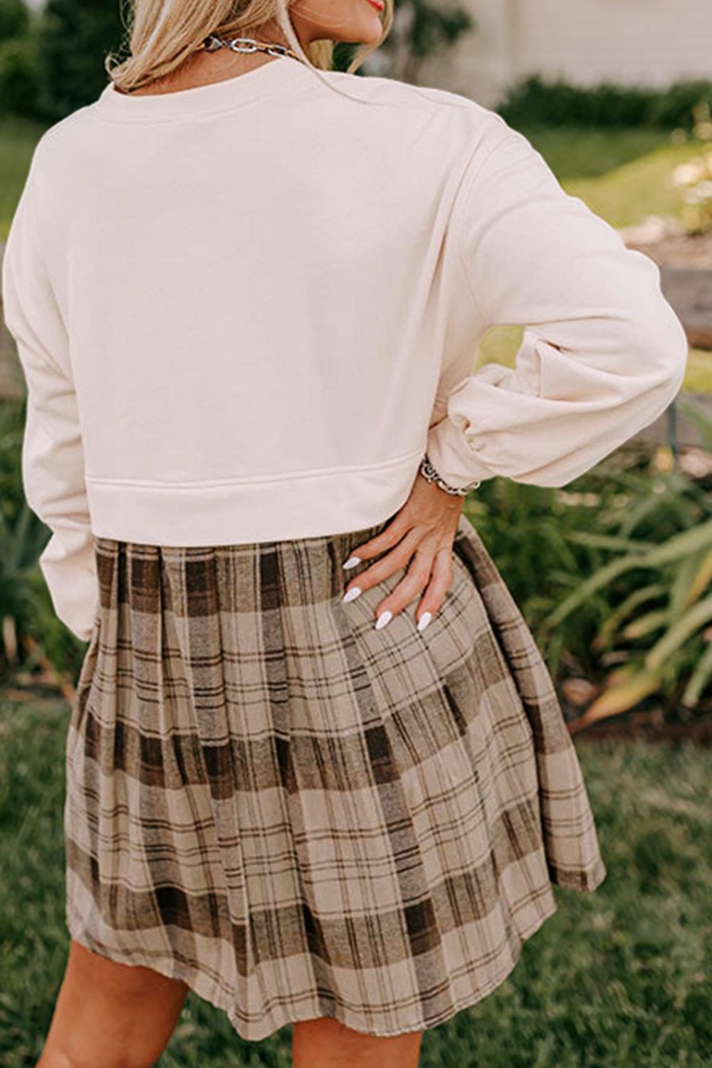 Vintage Plaid Long Sleeve Mini Dress with Round Neck