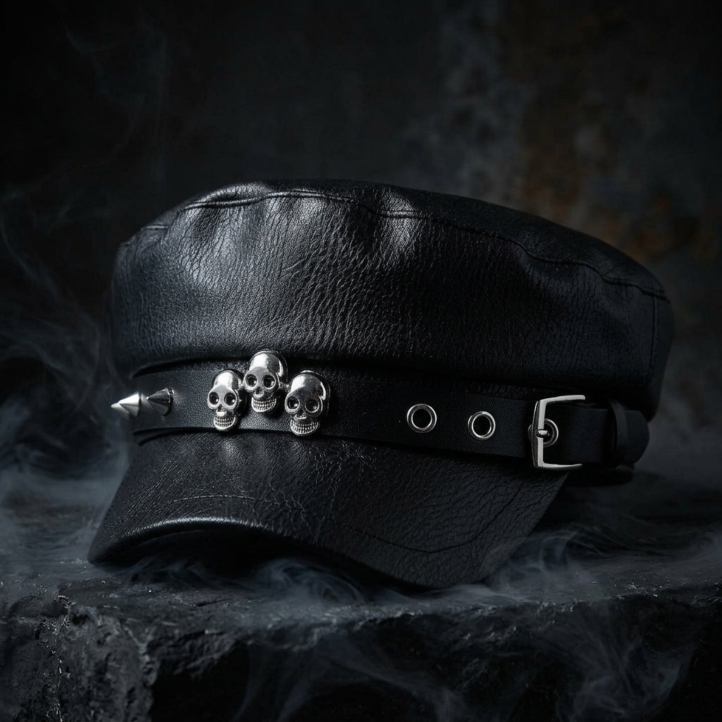 PU Leather Skull Rivet Flat-Top Newsboy Cap – Hip-Hop Streetwear Hat