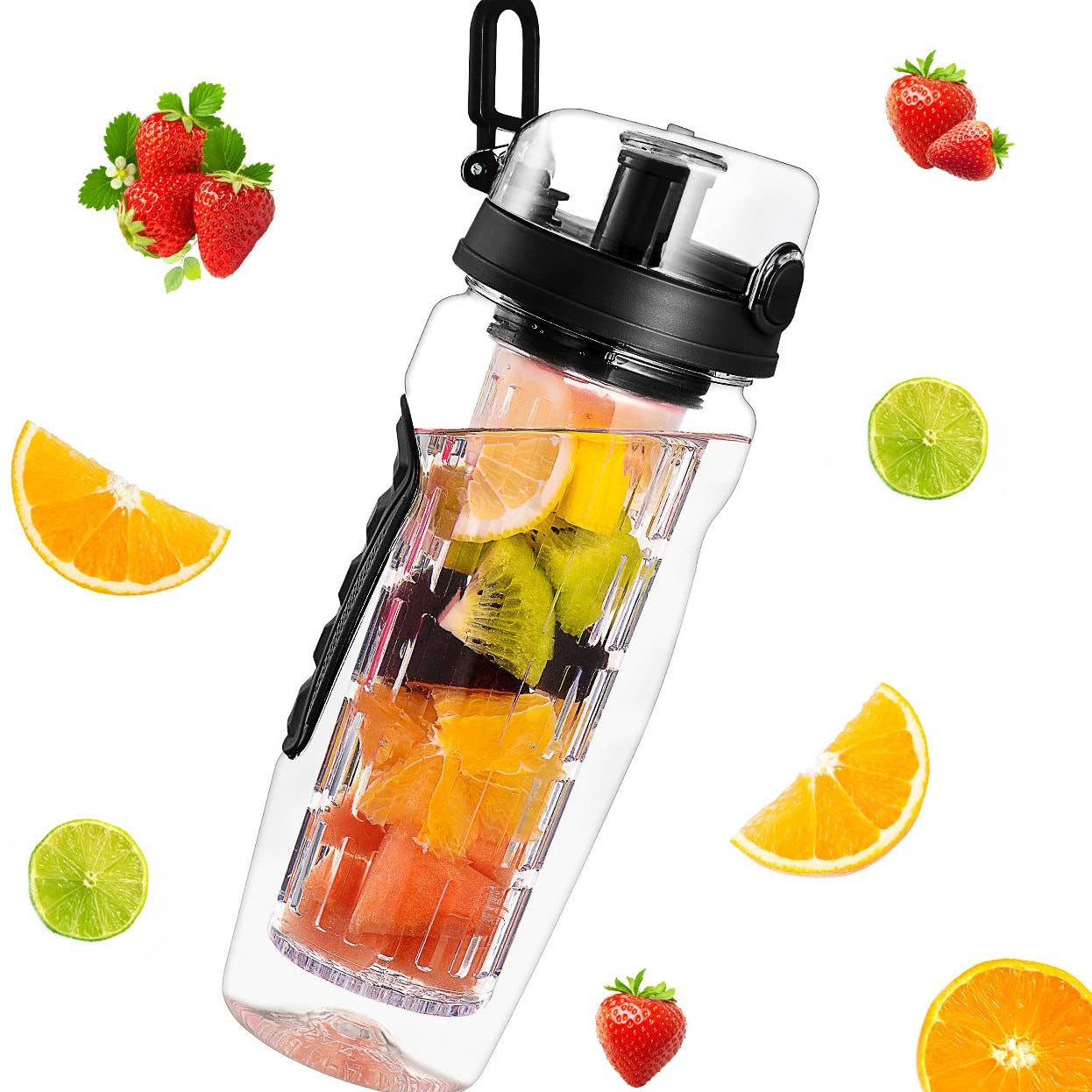 32oz BPA-free fruit infuser water bottle with ergonomic grip and leakproof lid