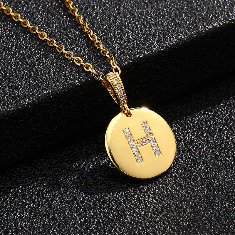 Gold Plated Zircon Initial Disc Necklace Personalized Pendant