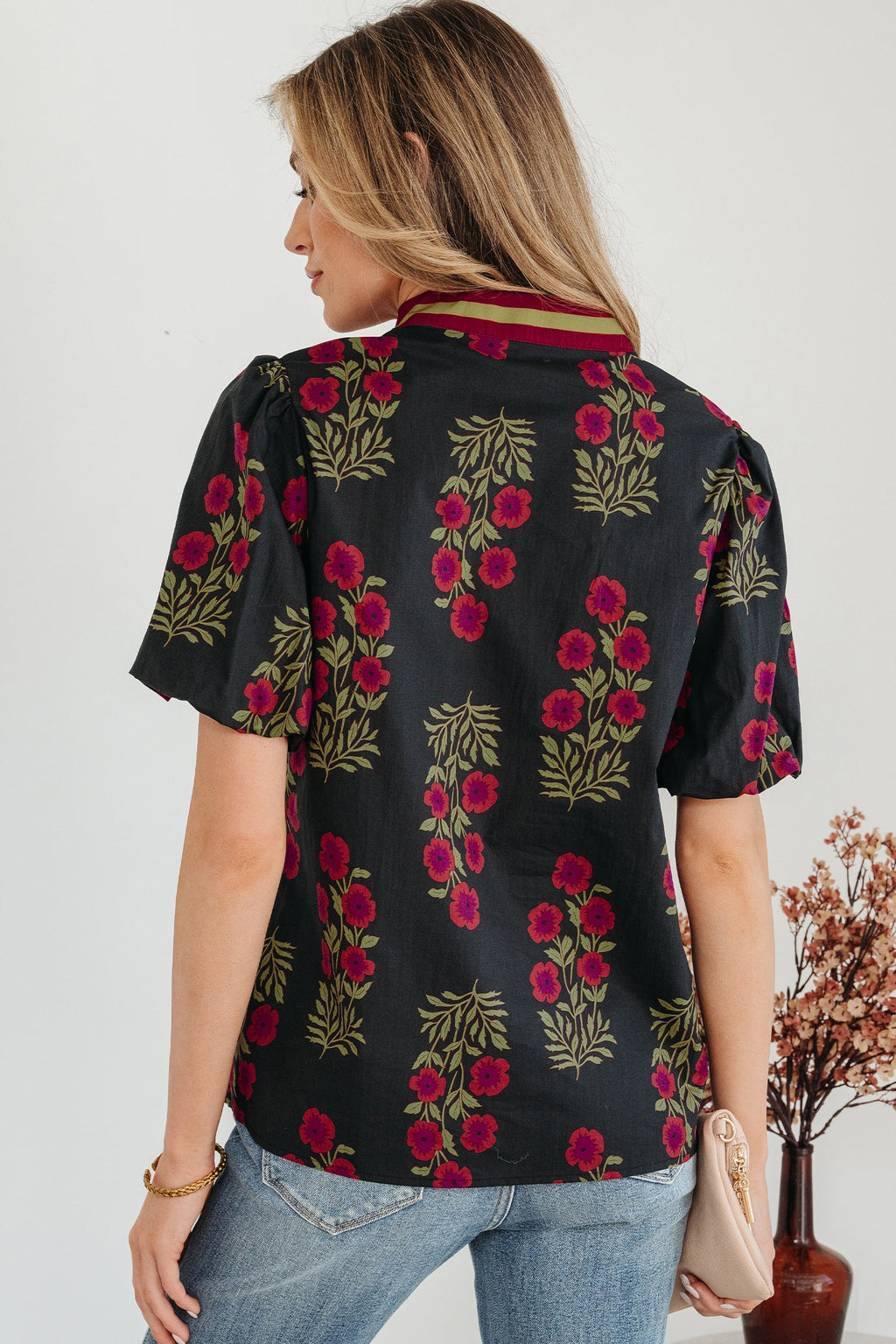 Zoe Floral Contrast Slit Neckline Blouse with Puff Sleeves