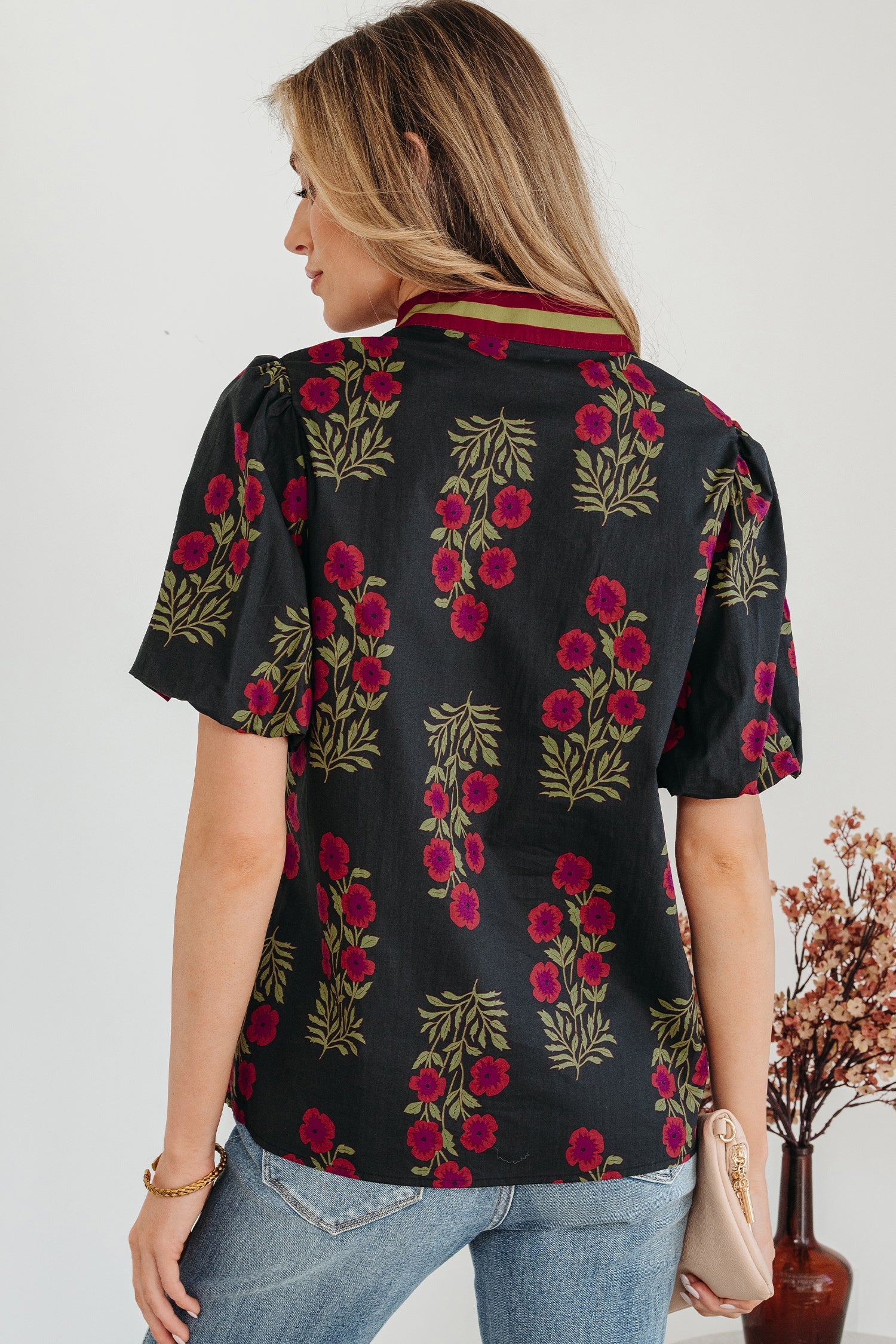 Zoe Floral Contrast Slit Neckline Blouse with Puff Sleeves