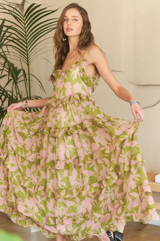 Ruffled tiered cami dress in green and pink abstract print