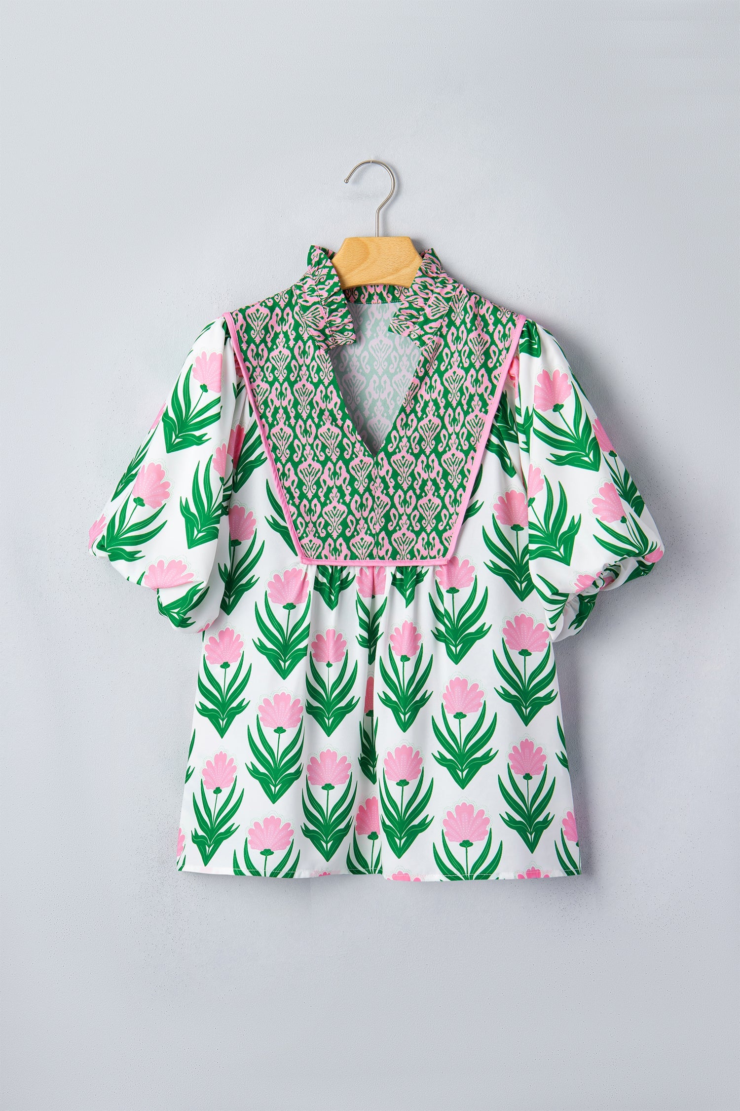 Floral V-Neck Blouse with Contrast Border and Relaxed Shift Fit