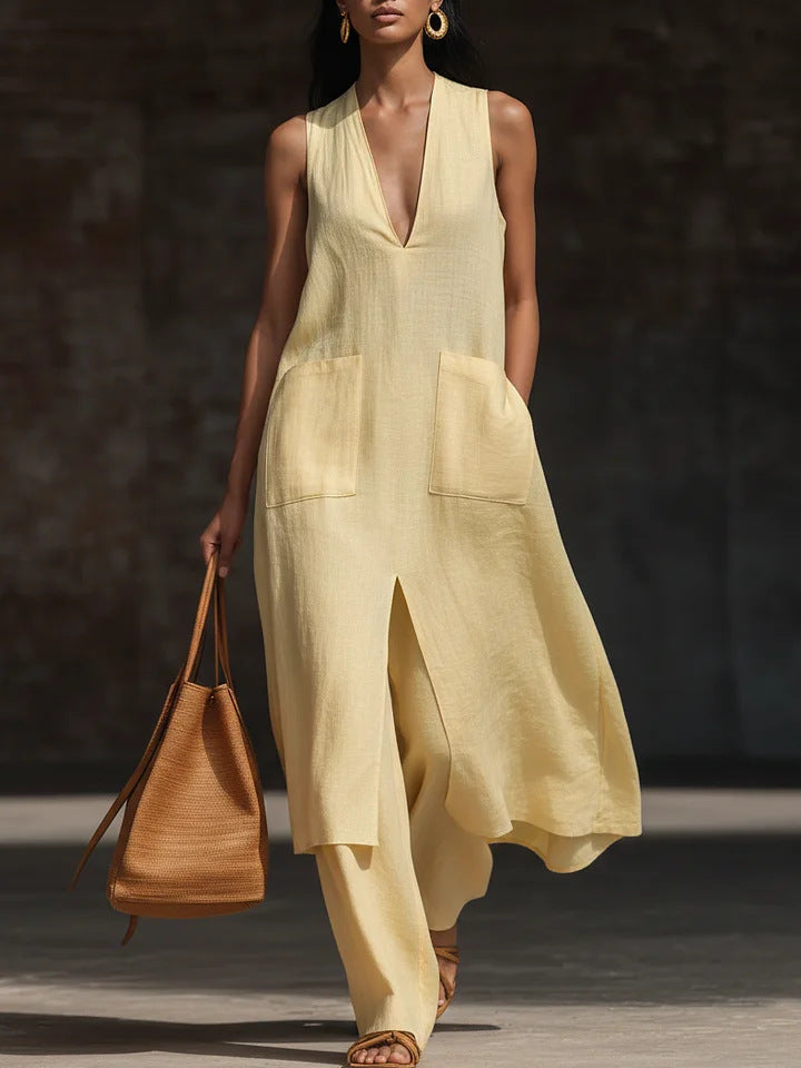 Women's V-Neck Sleeveless Linen Tunic and Wide Leg Pant Set - Image 11